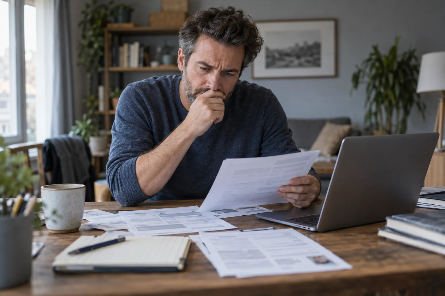 Mise en scène : un candidat soucieux hésite entre son CV et plusieurs offres d’emploi.
