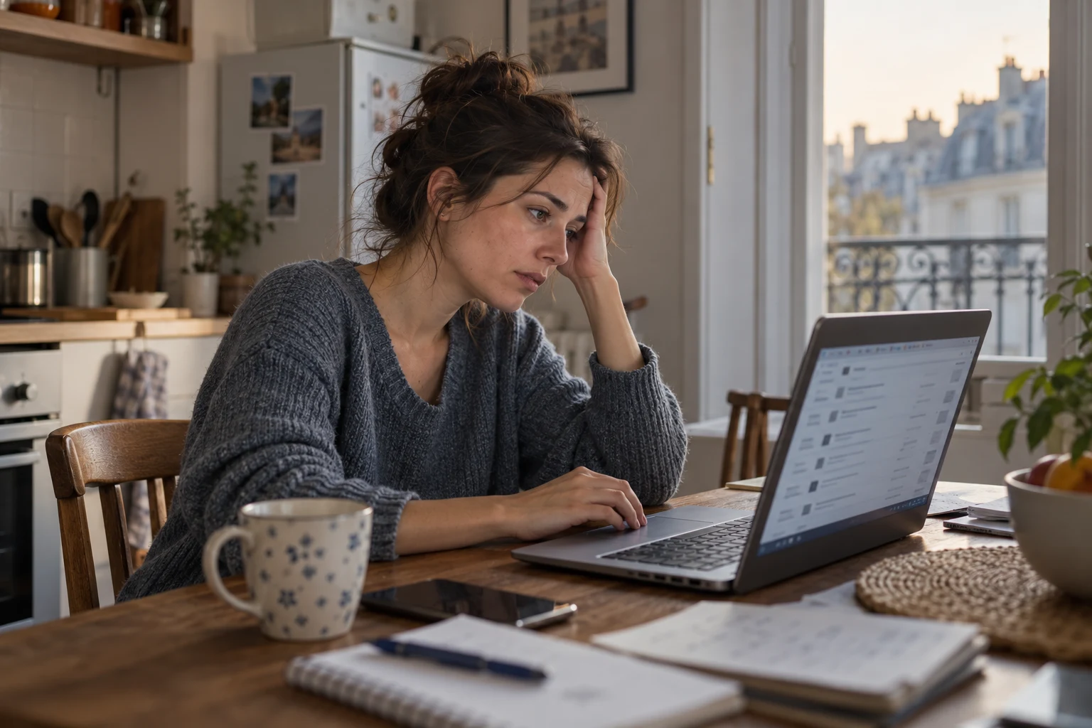 Mise en scène : une candidate fatiguée fait une pause devant les annonces de son ordinateur.