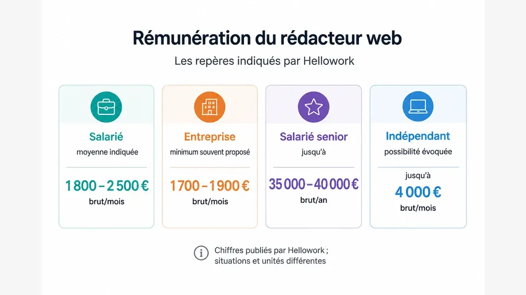 Infographie des repères de rémunération du rédacteur web publiés par Hellowork, séparant salariat et indépendance.