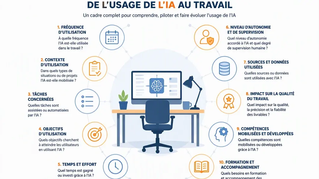 Infographie présentant dix familles d’indicateurs pour analyser l’usage de l’IA au travail
