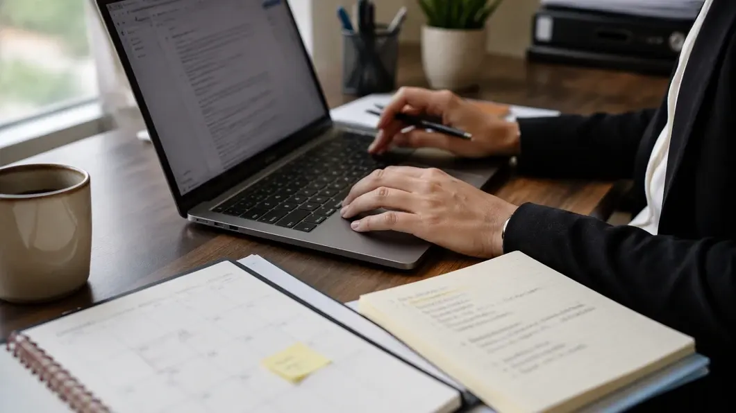 Une recruteuse prépare une mise à jour de suivi à côté de notes sur les prochaines étapes.