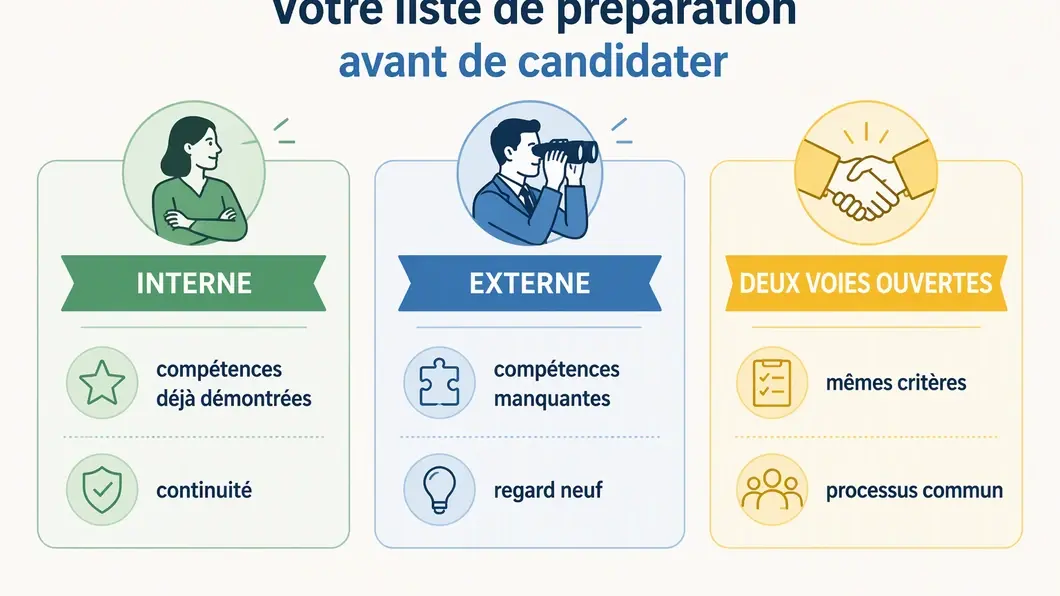 Infographie comparant les repères d’une candidature interne, d’un recrutement externe et d’un processus ouvert aux deux.