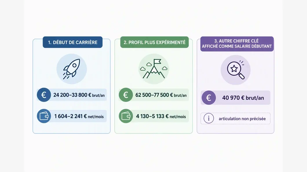 Infographie comparant les fourchettes de rémunération publiées selon l’expérience et un autre chiffre affiché comme salaire débutant.