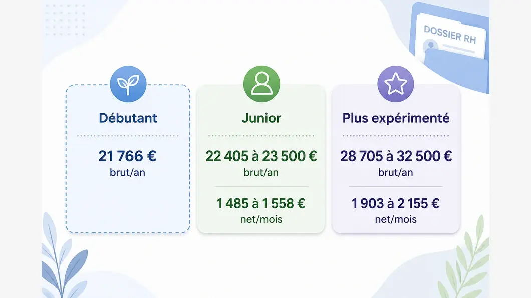 Infographie des repères de salaire d’un assistant RH : débutant, junior et profil plus expérimenté, avec les montants brut et net indiqués.