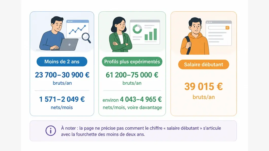Infographie séparant les fourchettes de salaire SEO selon l’expérience du repère débutant distinct publié par Hellowork.