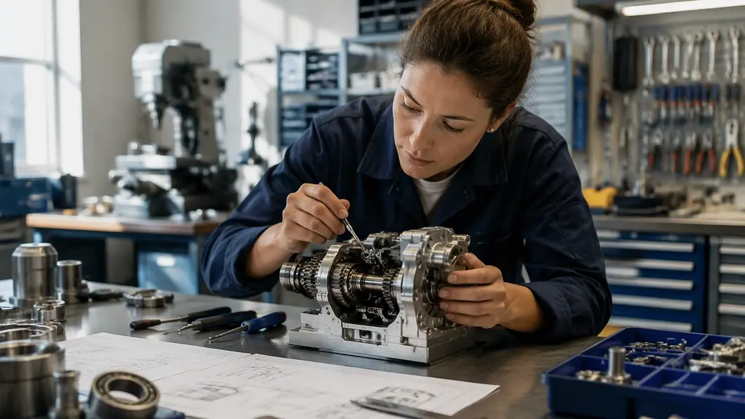 Une spécialiste examine un prototype sur un établi dans un atelier d’ingénierie.