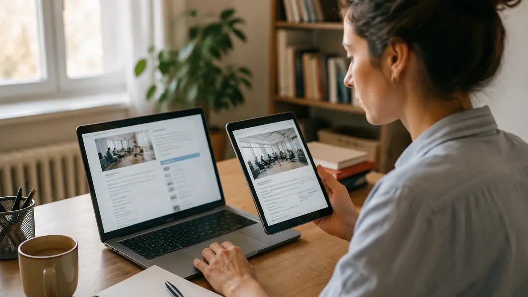 Candidate comparant une publication d’emploi et la page d’une entreprise avant de postuler