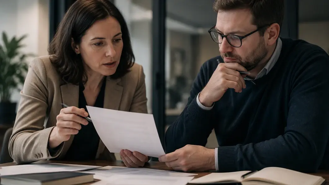 Deux collègues relisent des notes de recrutement avant de préparer un entretien.