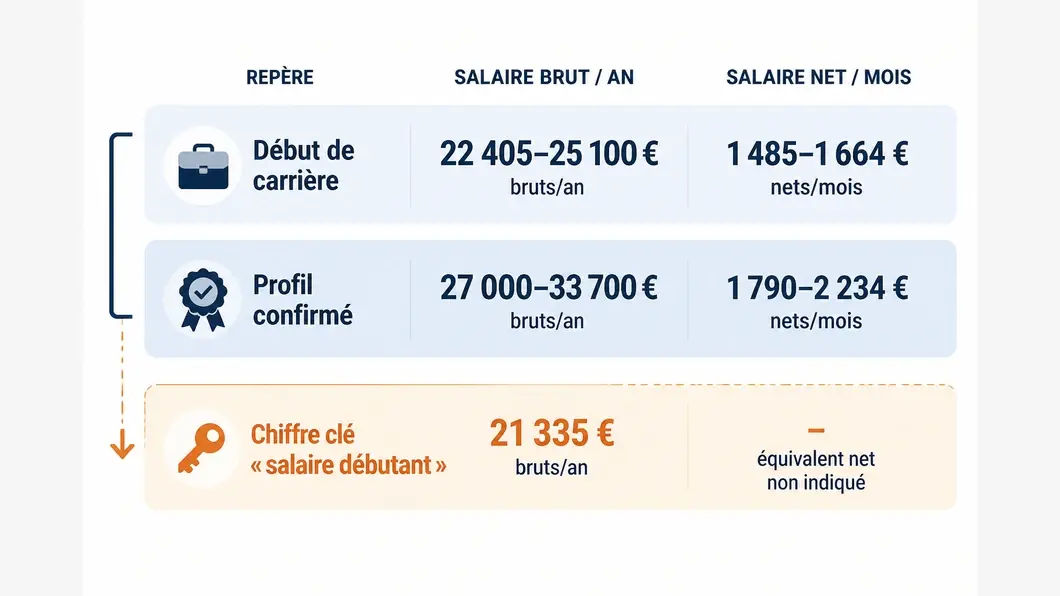 Infographie comparant les fourchettes de salaire brut et net publiées pour les assistants juridiques débutants et confirmés, avec un repère débutant distinct.