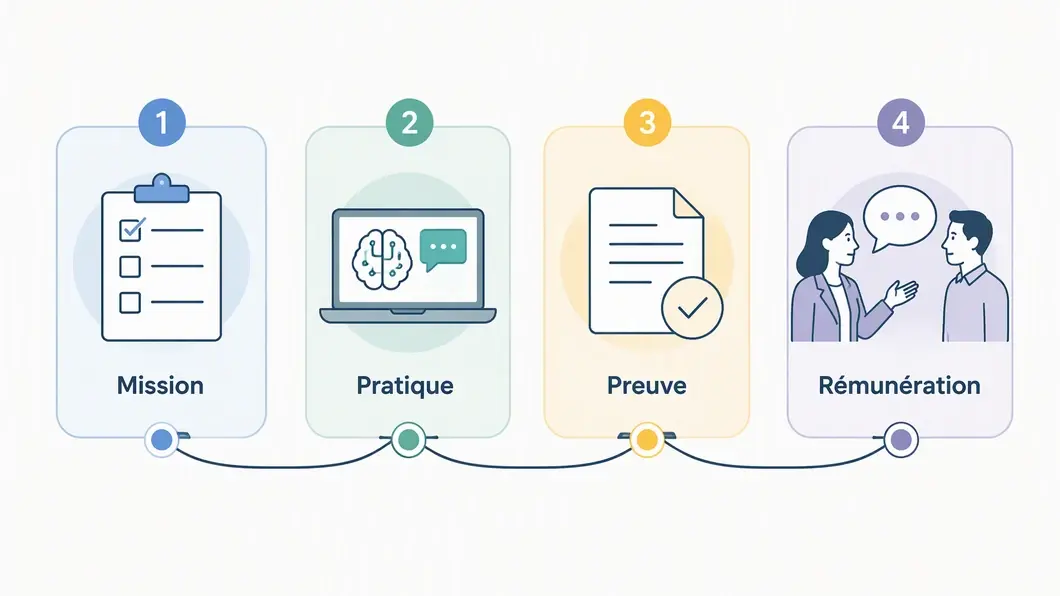 Infographie reliant une mission, une pratique de l’IA, une preuve et une discussion sur la rémunération.