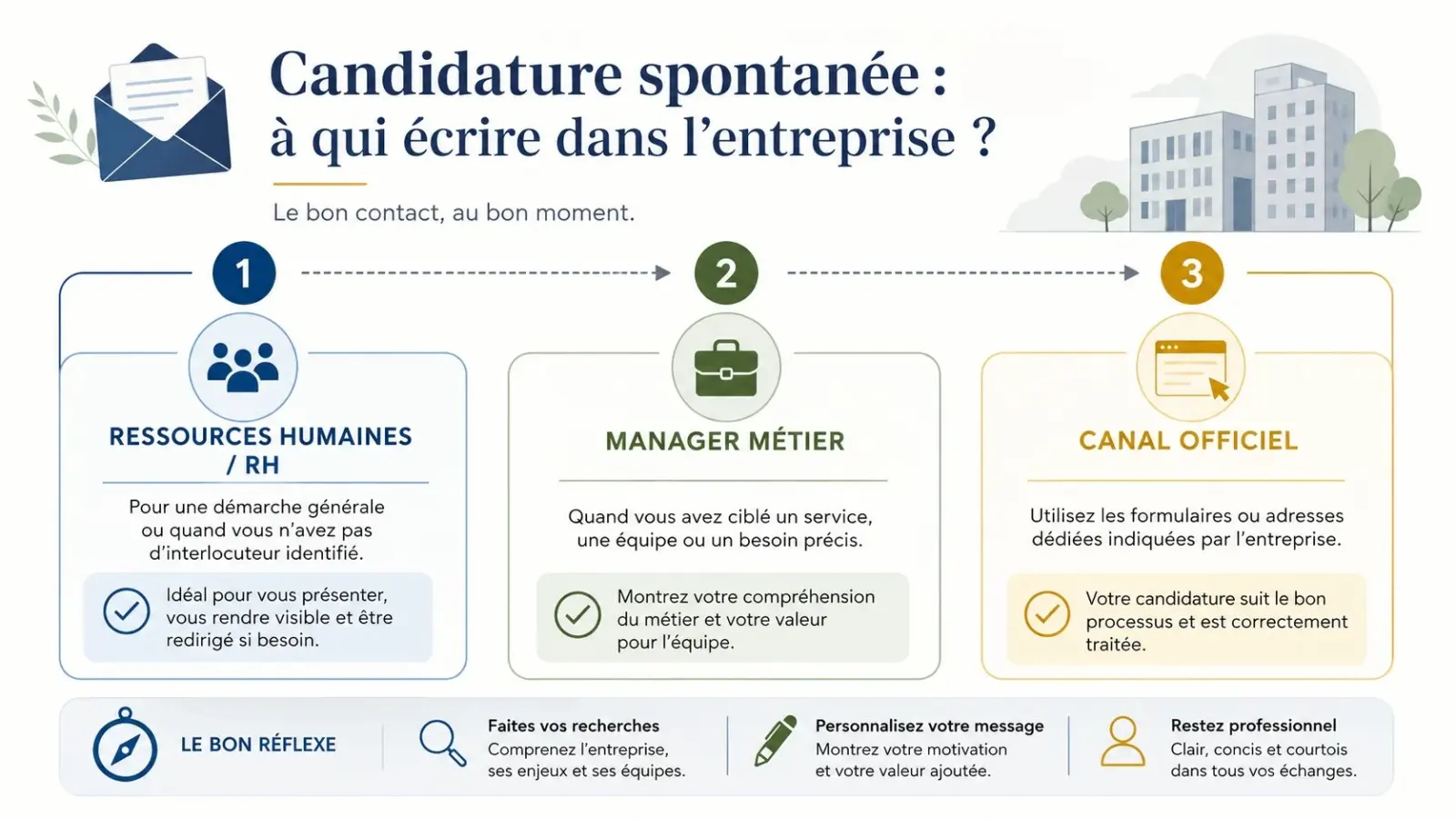 Infographie pour choisir le bon interlocuteur lors d’une candidature spontanée