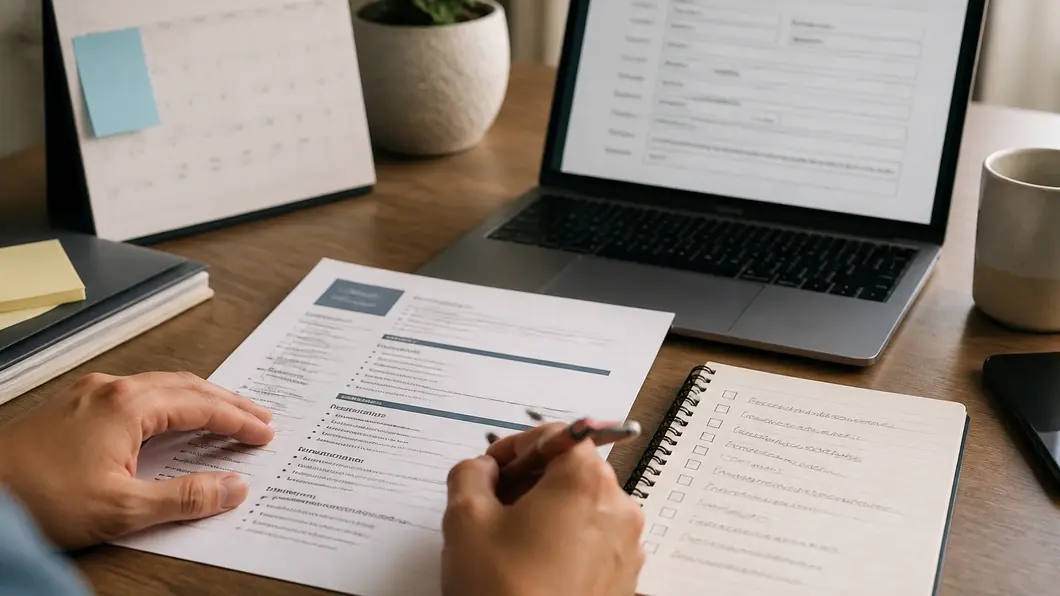Main comparant un CV, un calendrier et un formulaire ATS avant l’envoi d’une candidature.