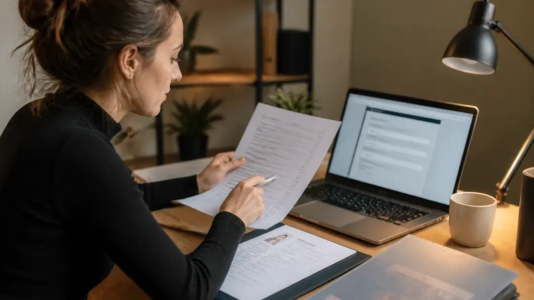 Jeune diplômée vérifiant les pièces et les étapes d’une candidature dans un formulaire ATS